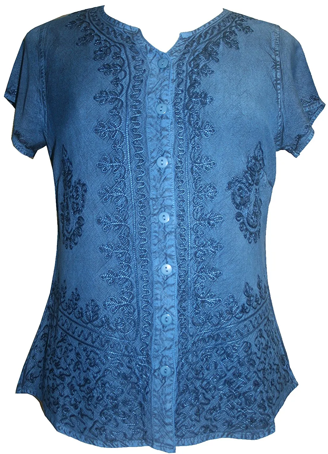 144 B Medieval  Embroidered Button Down Cap Sleeve Shirt Blouse