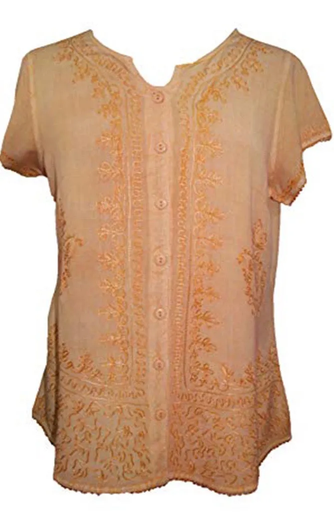 144 B Medieval  Embroidered Button Down Cap Sleeve Shirt Blouse