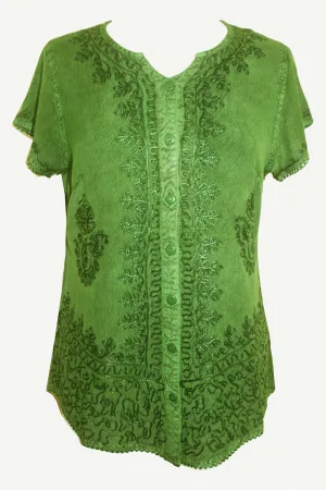 144 B Medieval  Embroidered Button Down Cap Sleeve Shirt Blouse
