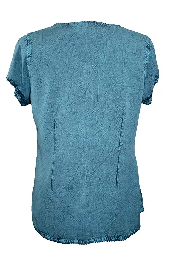 144 B Medieval  Embroidered Button Down Cap Sleeve Shirt Blouse