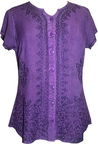 144 B Medieval  Embroidered Button Down Cap Sleeve Shirt Blouse