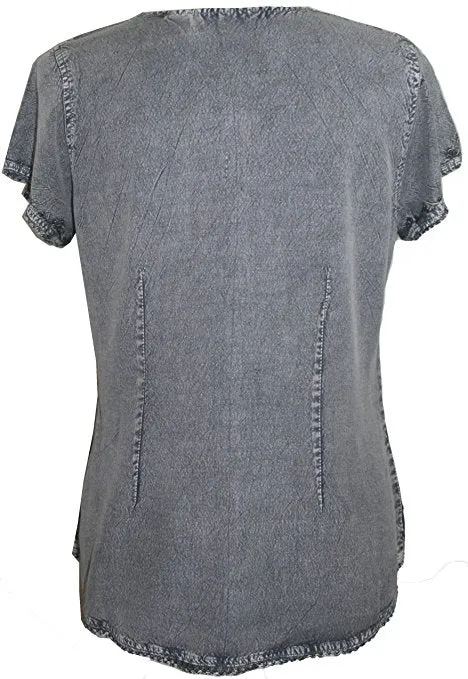144 B Medieval  Embroidered Button Down Cap Sleeve Shirt Blouse