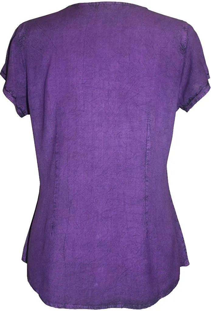 144 B Medieval  Embroidered Button Down Cap Sleeve Shirt Blouse