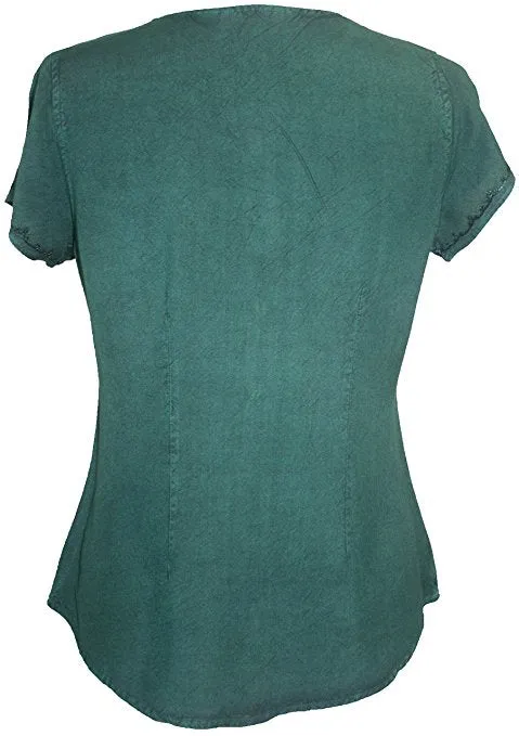 144 B Medieval  Embroidered Button Down Cap Sleeve Shirt Blouse