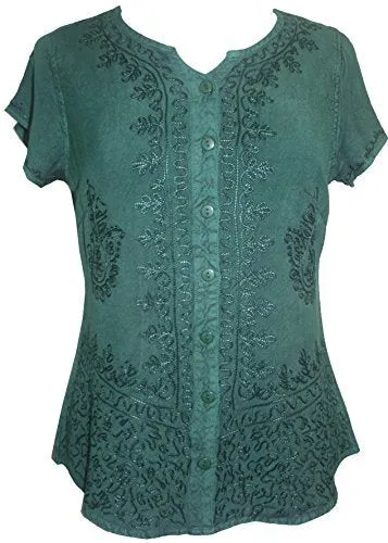 144 B Medieval  Embroidered Button Down Cap Sleeve Shirt Blouse