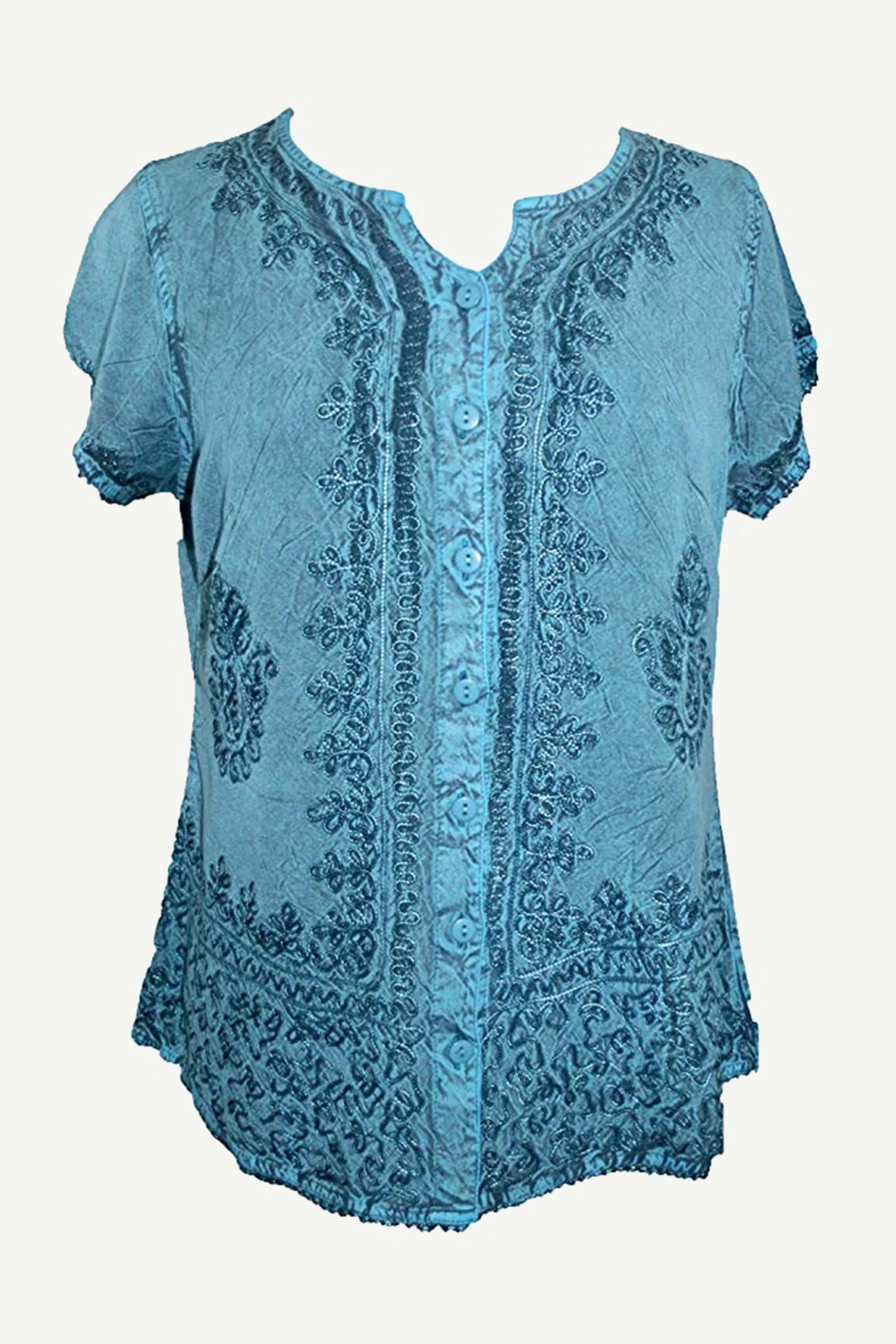 144 B Medieval  Embroidered Button Down Cap Sleeve Shirt Blouse