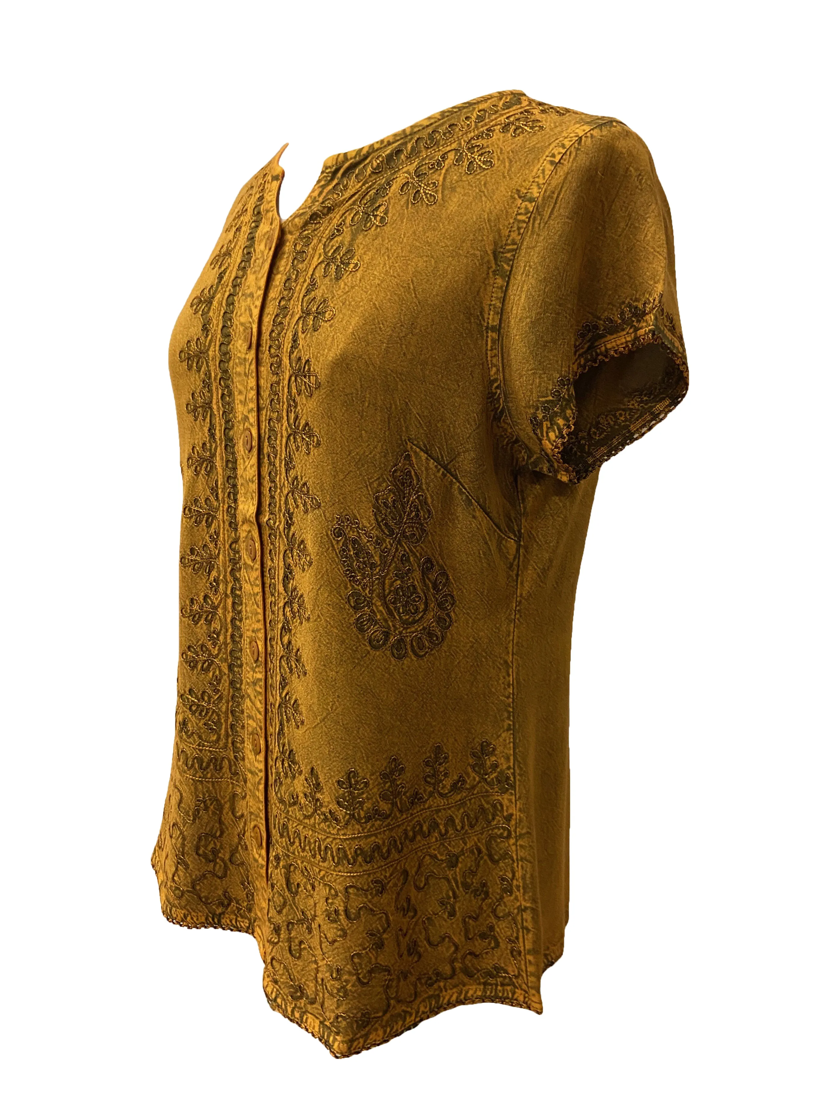 144 B Medieval  Embroidered Button Down Cap Sleeve Shirt Blouse