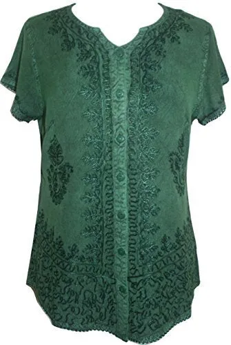 144 B Medieval  Embroidered Button Down Cap Sleeve Shirt Blouse