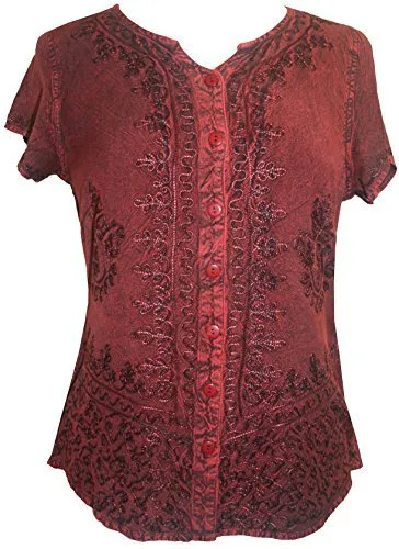 144 B Medieval  Embroidered Button Down Cap Sleeve Shirt Blouse