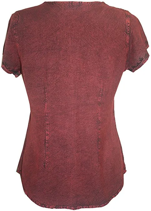 144 B Medieval  Embroidered Button Down Cap Sleeve Shirt Blouse
