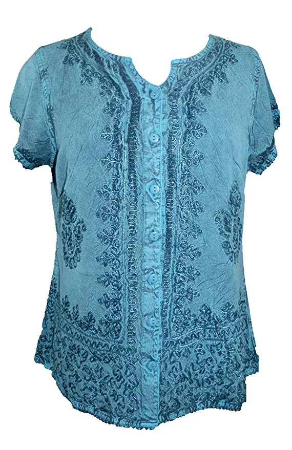 144 B Medieval  Embroidered Button Down Cap Sleeve Shirt Blouse
