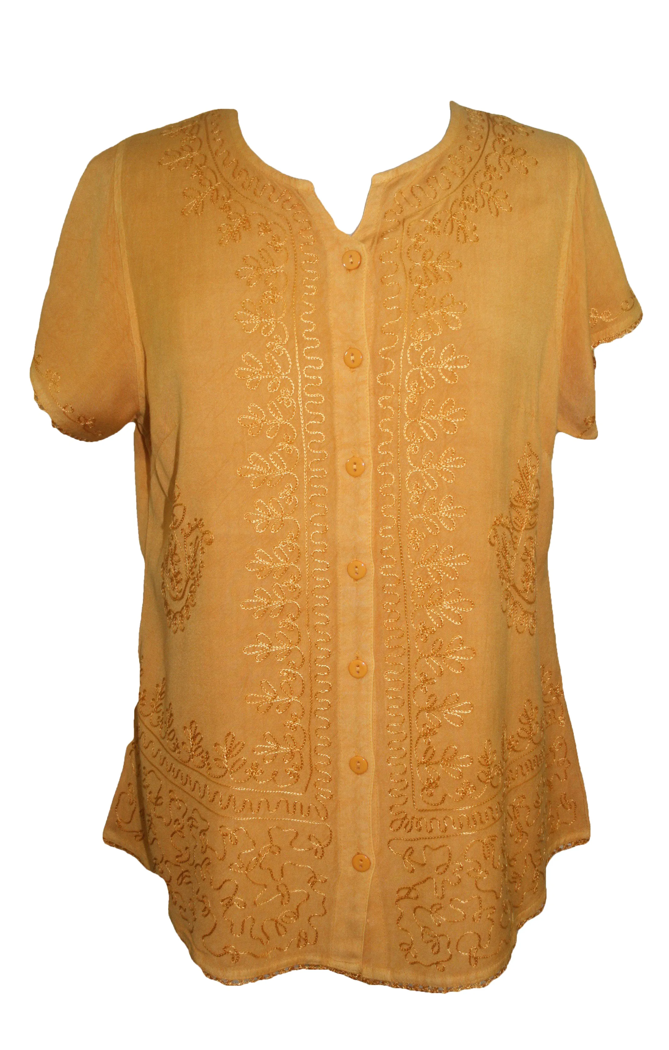 144 B Medieval  Embroidered Button Down Cap Sleeve Shirt Blouse