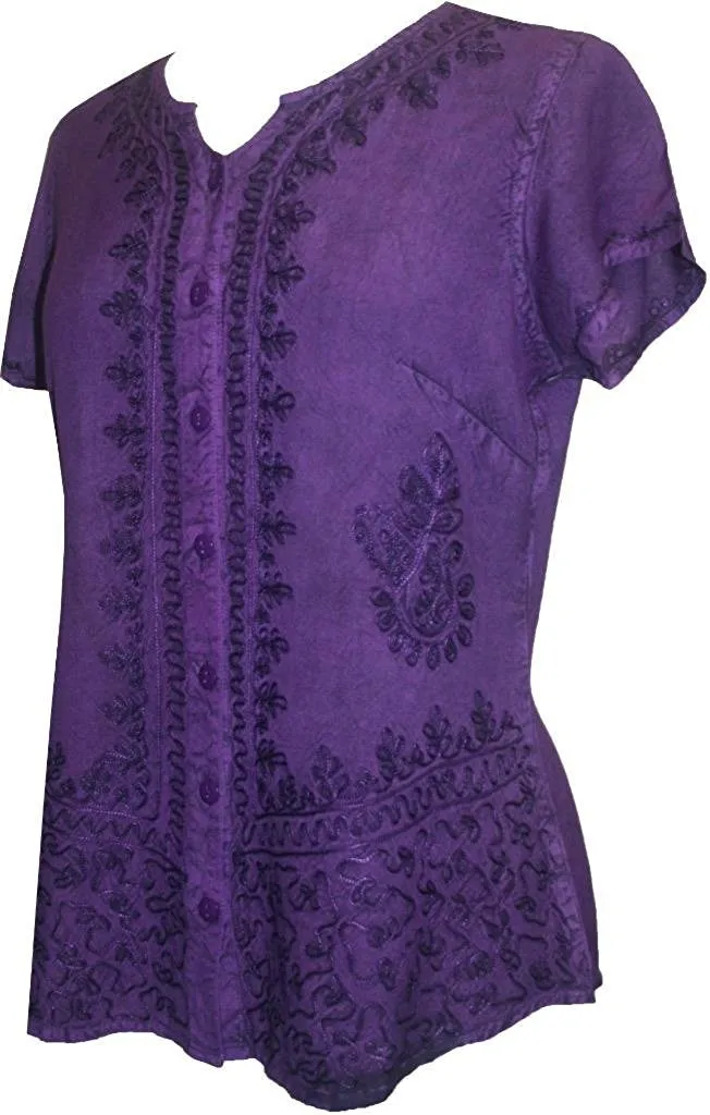 144 B Medieval  Embroidered Button Down Cap Sleeve Shirt Blouse
