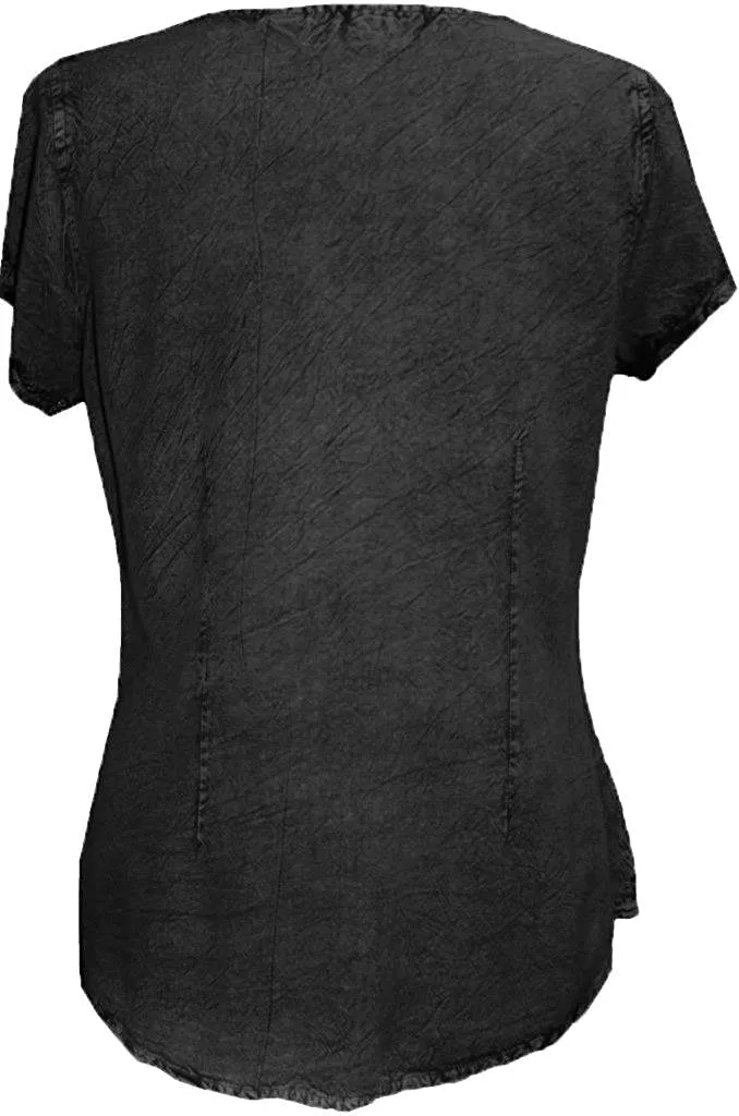 144 B Medieval  Embroidered Button Down Cap Sleeve Shirt Blouse