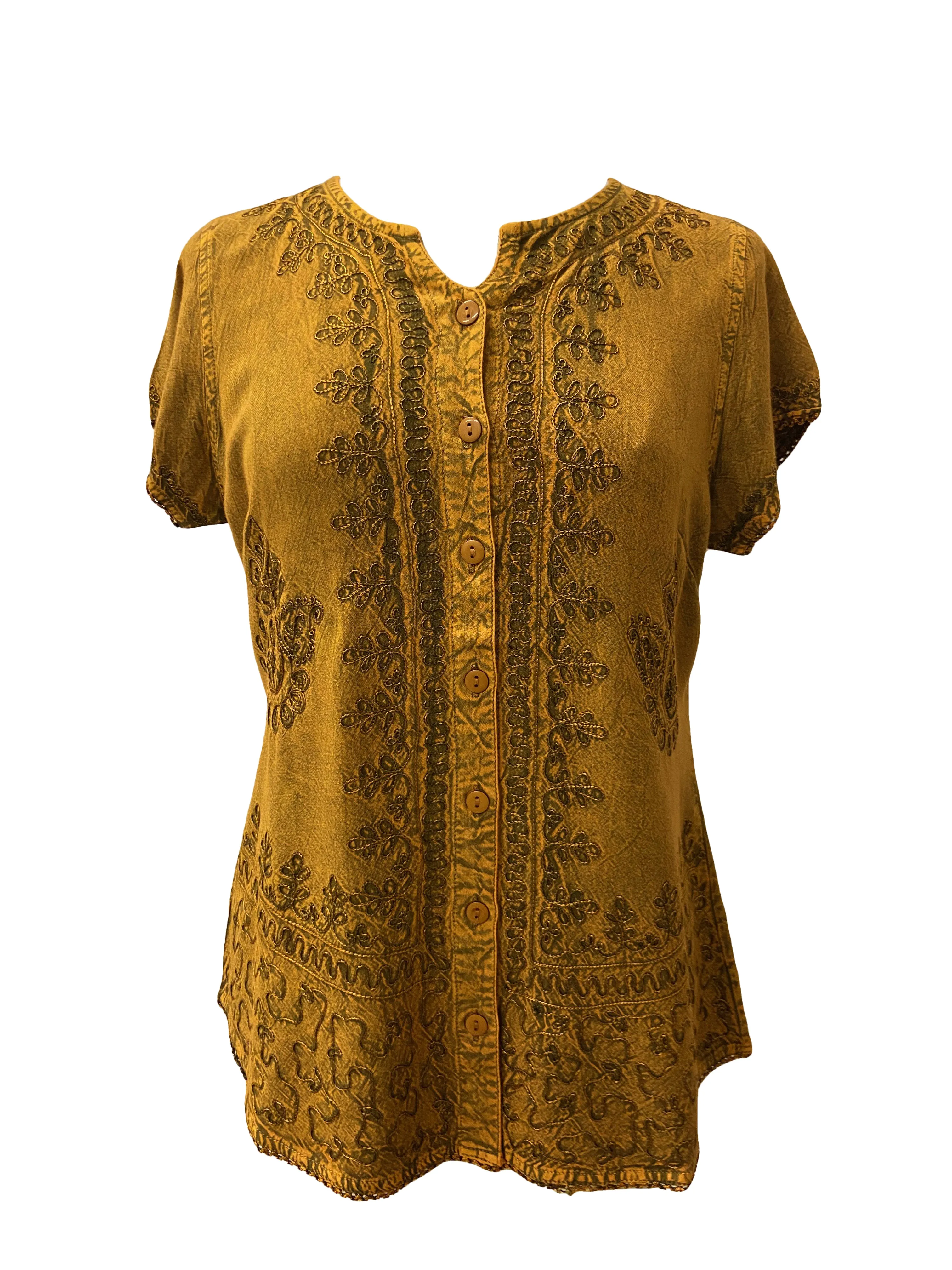 144 B Medieval  Embroidered Button Down Cap Sleeve Shirt Blouse