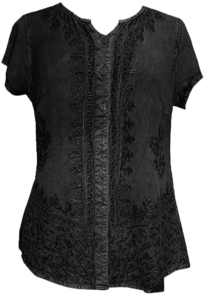 144 B Medieval  Embroidered Button Down Cap Sleeve Shirt Blouse