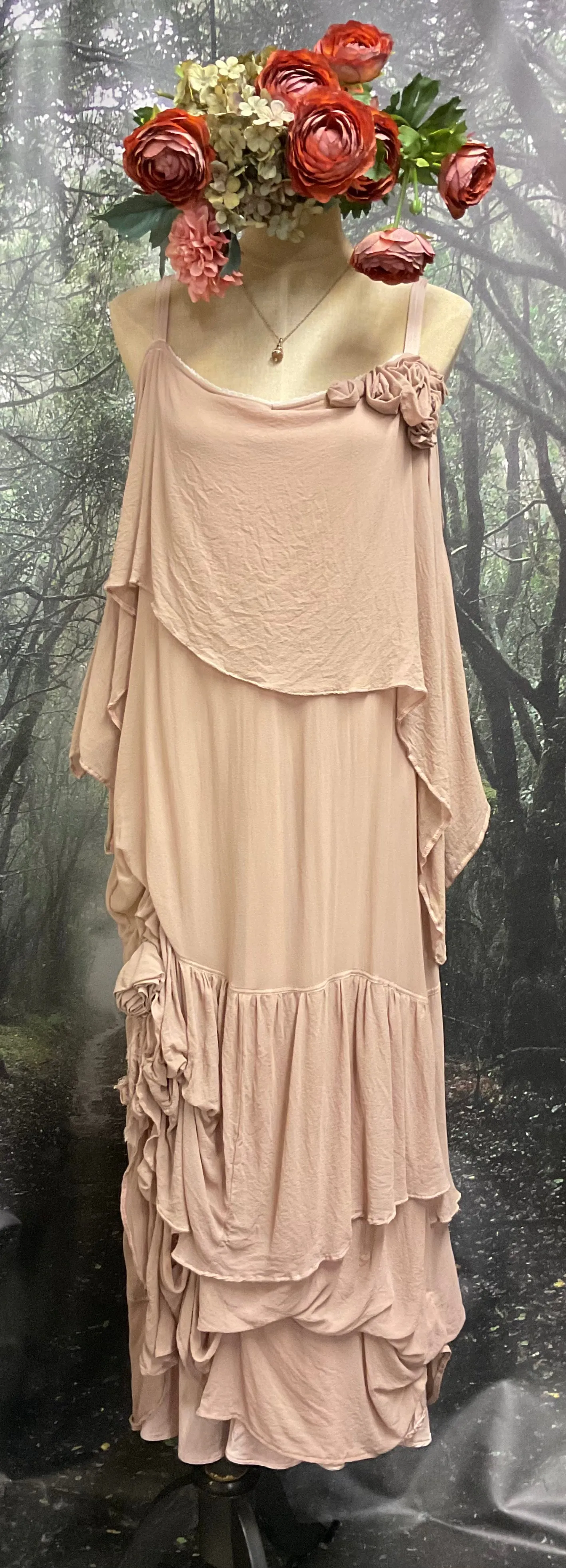 #5310 Soft pink chiffon drape dress with roses detail