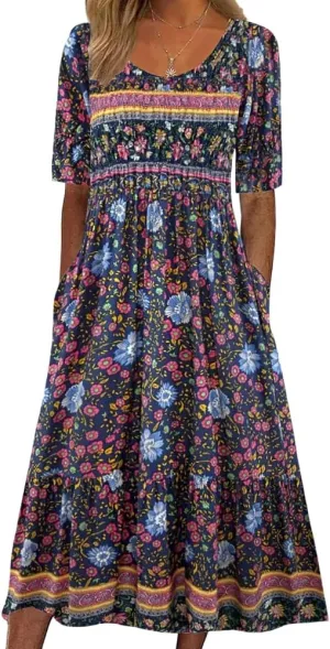 Akivide Women's Boho Summer Crewneck Floral Print Midi Tshirt Dress Casual Loose Short Sleeve Beach Dresses with Pockets
