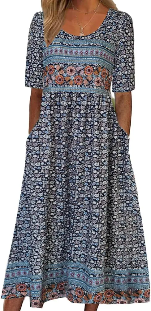 Akivide Women's Boho Summer Crewneck Floral Print Midi Tshirt Dress Casual Loose Short Sleeve Beach Dresses with Pockets