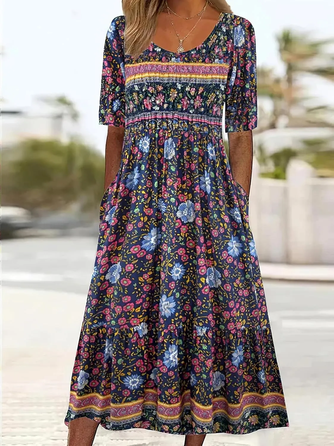 Akivide Women's Boho Summer Crewneck Floral Print Midi Tshirt Dress Casual Loose Short Sleeve Beach Dresses with Pockets