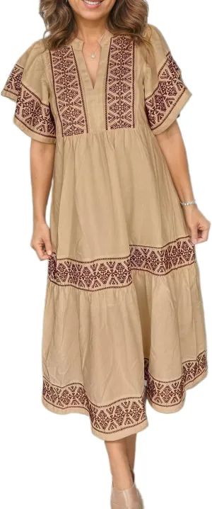 Akivide Women's Summer Boho Flutter Short Sleeve Midi Dress Flowy Casual Ruffle Tiered Beach Vacation Dress with Pockets