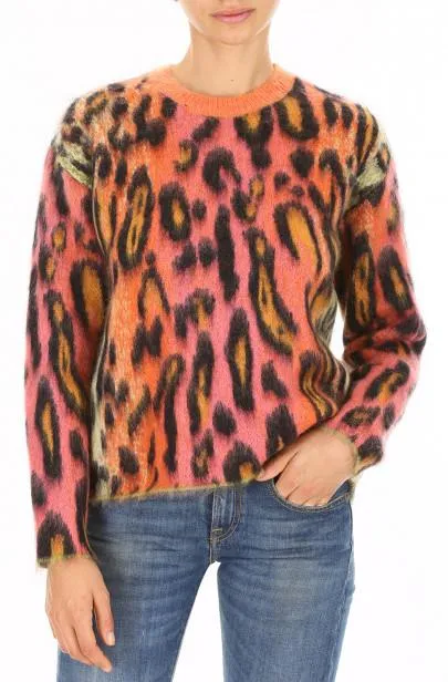 Animal-Print Oversized Neon Mohair Pullover Sweater