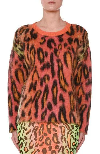 Animal-Print Oversized Neon Mohair Pullover Sweater