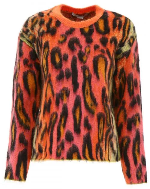 Animal-Print Oversized Neon Mohair Pullover Sweater
