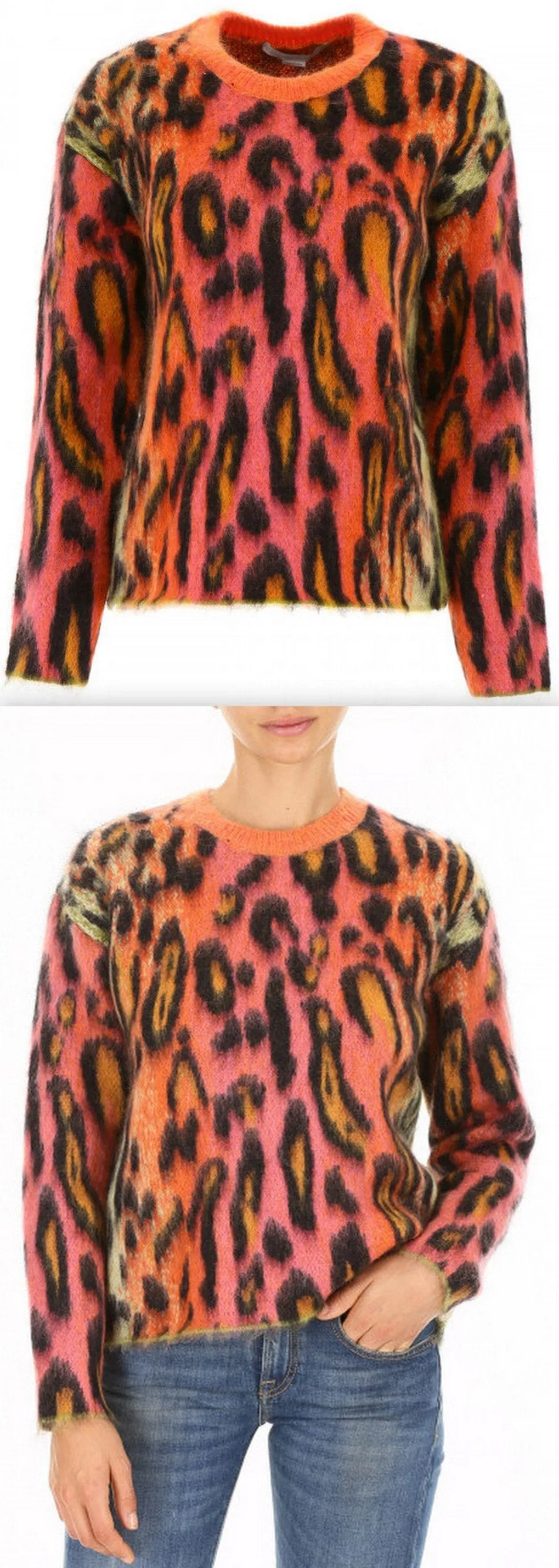 Animal-Print Oversized Neon Mohair Pullover Sweater