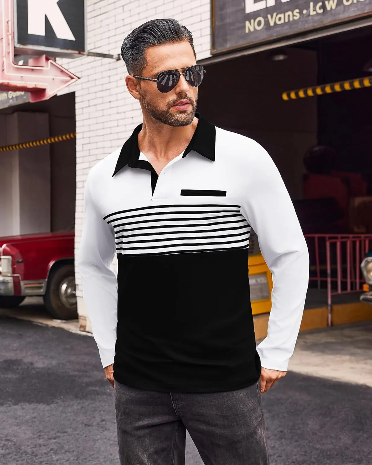 Beotyshow Mens Striped Polo Shirts Long Sleeve Contrast Color Golf Casual Shirt Collared Fashion T Shirts