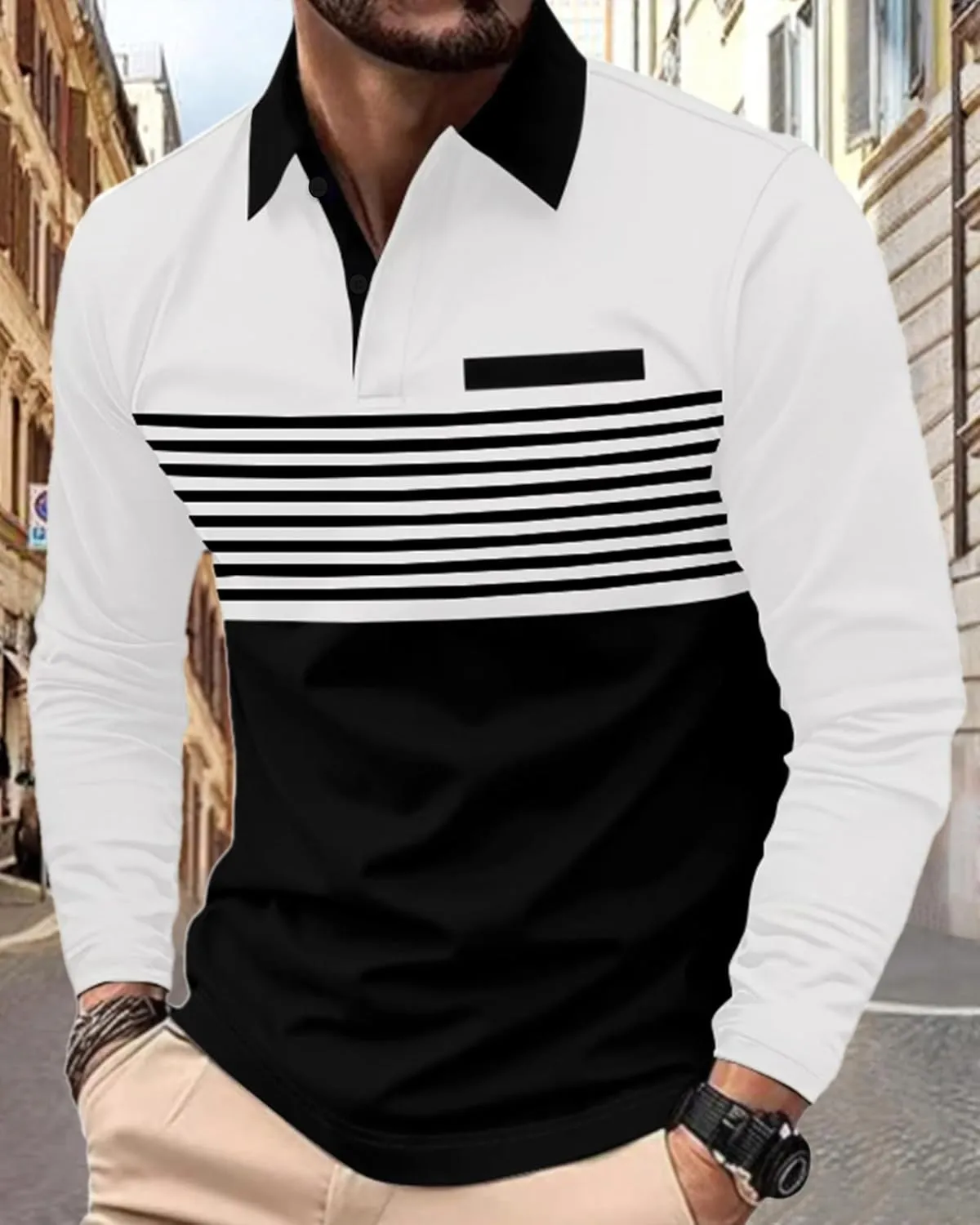 Beotyshow Mens Striped Polo Shirts Long Sleeve Contrast Color Golf Casual Shirt Collared Fashion T Shirts