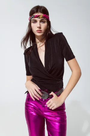 Black shiny wrap short sleeve Vneck top