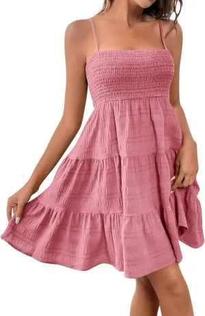 Boho Dresses for Women 2025 Vacation Solid Dress Boho Cami Flowy Mini Dress Spaghetti Strap Boho Dress for Women Summer Mini Ruffle Dress Spaghetti Strap(1-Pink,Large)