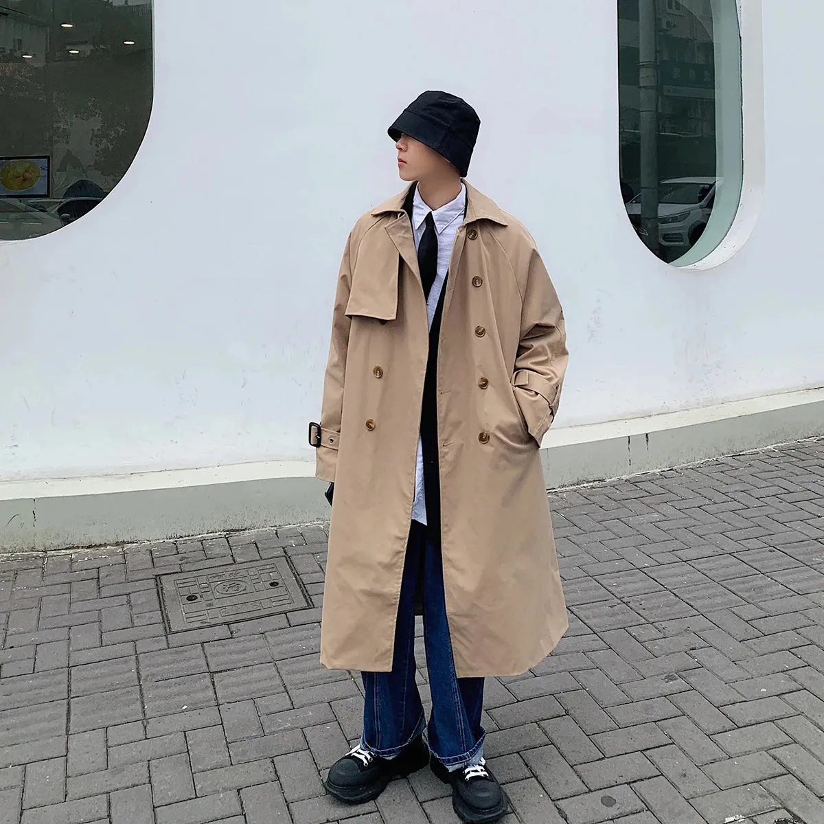 Bonsir Mens Fashion Trench Coats Autumn Men Long Jacket Coats Streetwear Casual Solid Loose Trench Windbreaker Plus Size 5XL-M