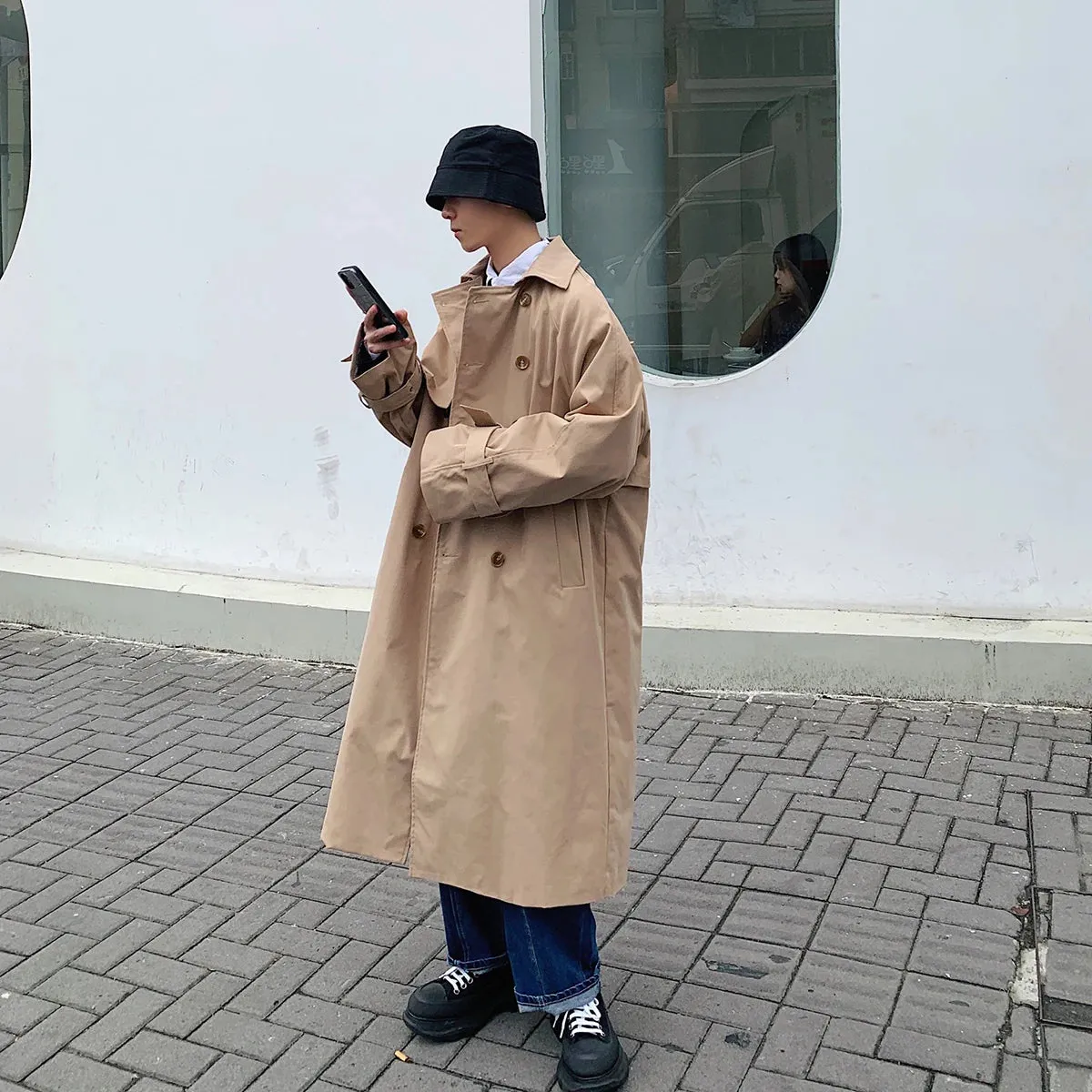 Bonsir Mens Fashion Trench Coats Autumn Men Long Jacket Coats Streetwear Casual Solid Loose Trench Windbreaker Plus Size 5XL-M
