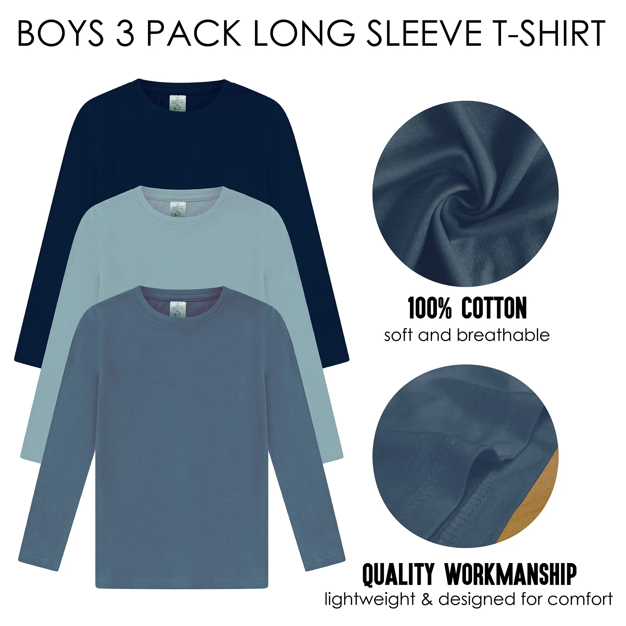 Boys 3 Pack Longe Sleeve T-Shirt Blue Mix
