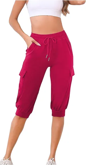 Cargo Capri Pants for Women High Waisted Relaxed Fit Elastic Knit Waist Casual Soft Capris Trousers Cropped Pants