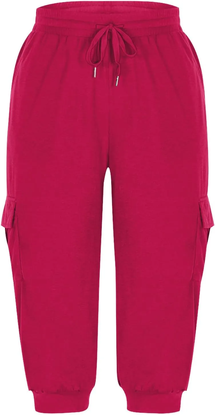 Cargo Capri Pants for Women High Waisted Relaxed Fit Elastic Knit Waist Casual Soft Capris Trousers Cropped Pants