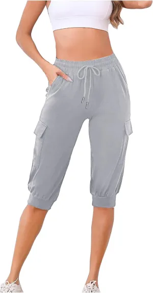 Cargo Capri Pants for Women High Waisted Relaxed Fit Elastic Knit Waist Casual Soft Capris Trousers Cropped Pants