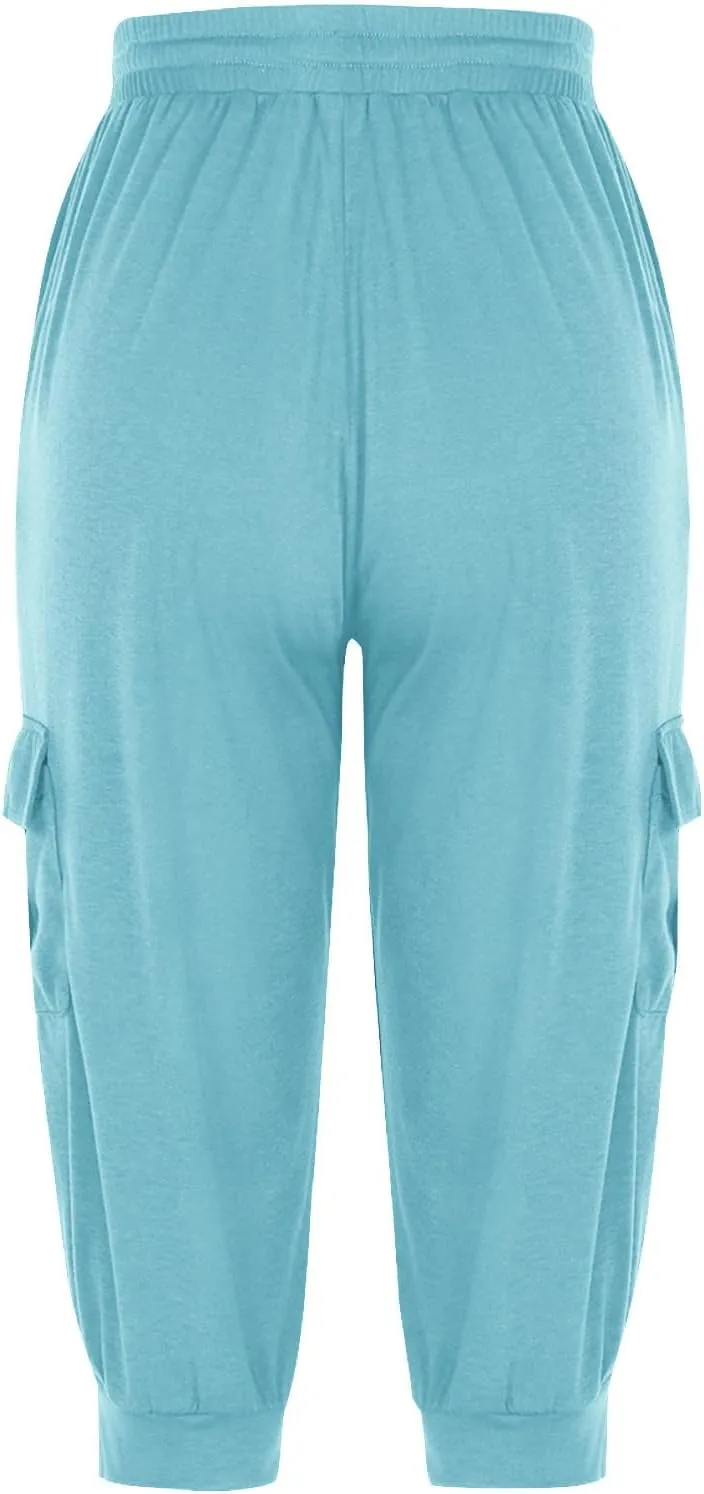 Cargo Capri Pants for Women High Waisted Relaxed Fit Elastic Knit Waist Casual Soft Capris Trousers Cropped Pants