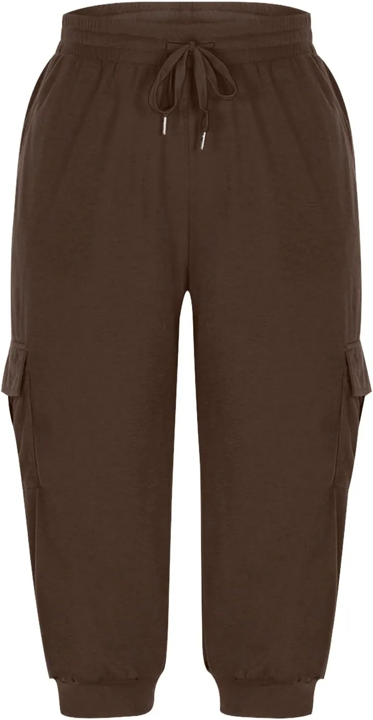 Cargo Capri Pants for Women High Waisted Relaxed Fit Elastic Knit Waist Casual Soft Capris Trousers Cropped Pants