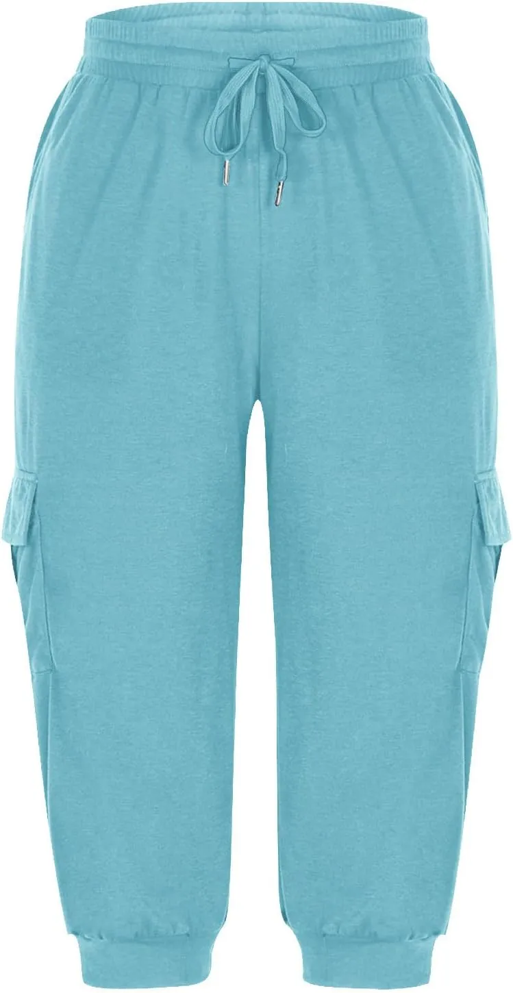 Cargo Capri Pants for Women High Waisted Relaxed Fit Elastic Knit Waist Casual Soft Capris Trousers Cropped Pants