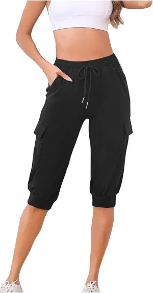 Cargo Capri Pants for Women High Waisted Relaxed Fit Elastic Knit Waist Casual Soft Capris Trousers Cropped Pants
