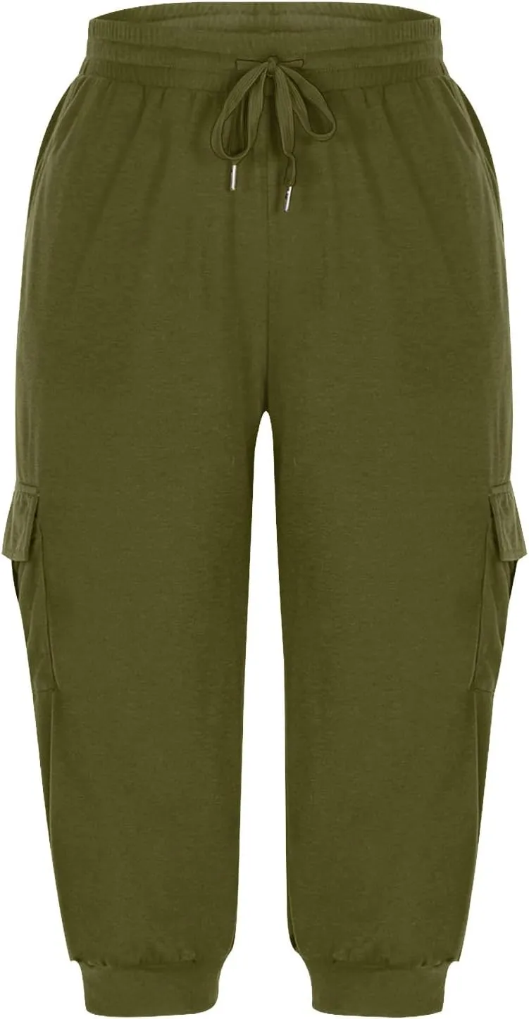 Cargo Capri Pants for Women High Waisted Relaxed Fit Elastic Knit Waist Casual Soft Capris Trousers Cropped Pants