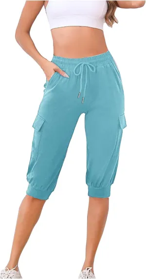 Cargo Capri Pants for Women High Waisted Relaxed Fit Elastic Knit Waist Casual Soft Capris Trousers Cropped Pants