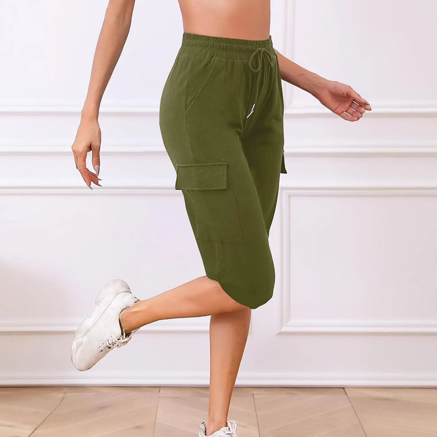 Cargo Capri Pants for Women High Waisted Relaxed Fit Elastic Knit Waist Casual Soft Capris Trousers Cropped Pants