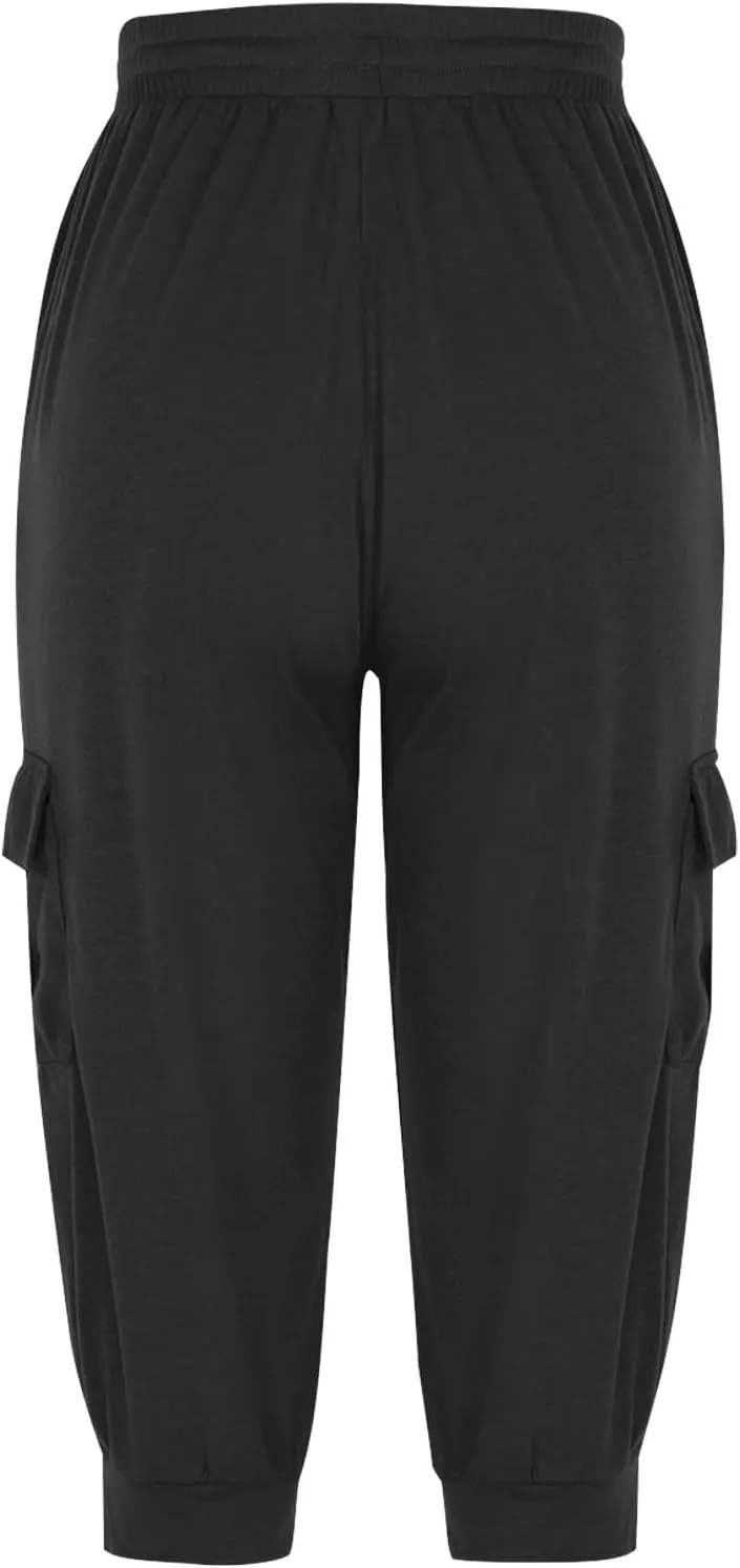 Cargo Capri Pants for Women High Waisted Relaxed Fit Elastic Knit Waist Casual Soft Capris Trousers Cropped Pants