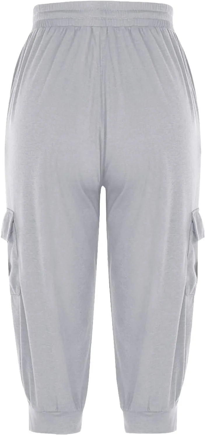 Cargo Capri Pants for Women High Waisted Relaxed Fit Elastic Knit Waist Casual Soft Capris Trousers Cropped Pants
