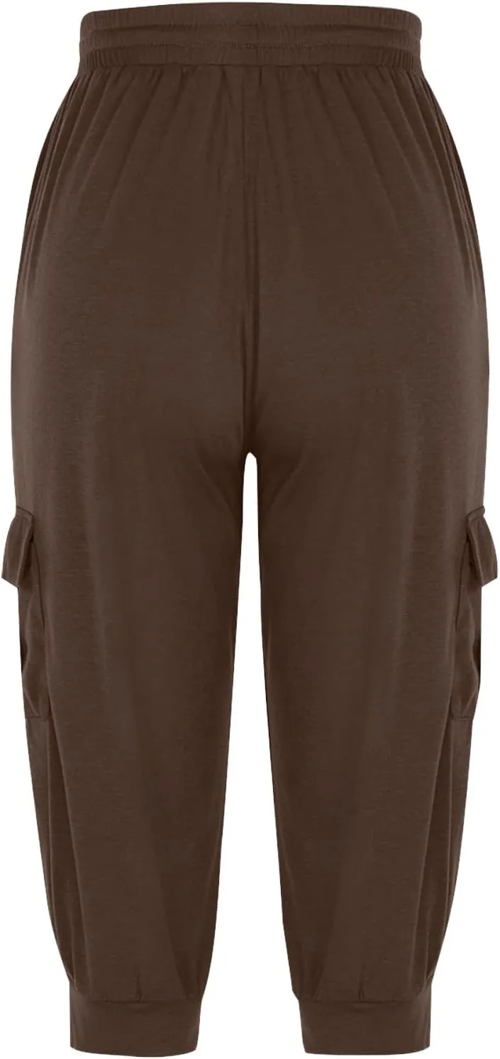 Cargo Capri Pants for Women High Waisted Relaxed Fit Elastic Knit Waist Casual Soft Capris Trousers Cropped Pants