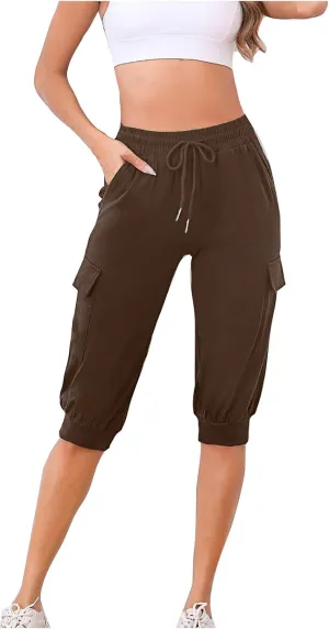 Cargo Capri Pants for Women High Waisted Relaxed Fit Elastic Knit Waist Casual Soft Capris Trousers Cropped Pants
